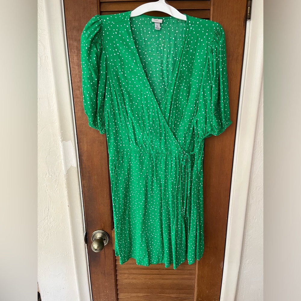 Green and white polka dot spring dress